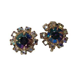 Vintage Aurora Borealis Rhinestone Screw Back Earrings Blue Clear Floral 5/8"